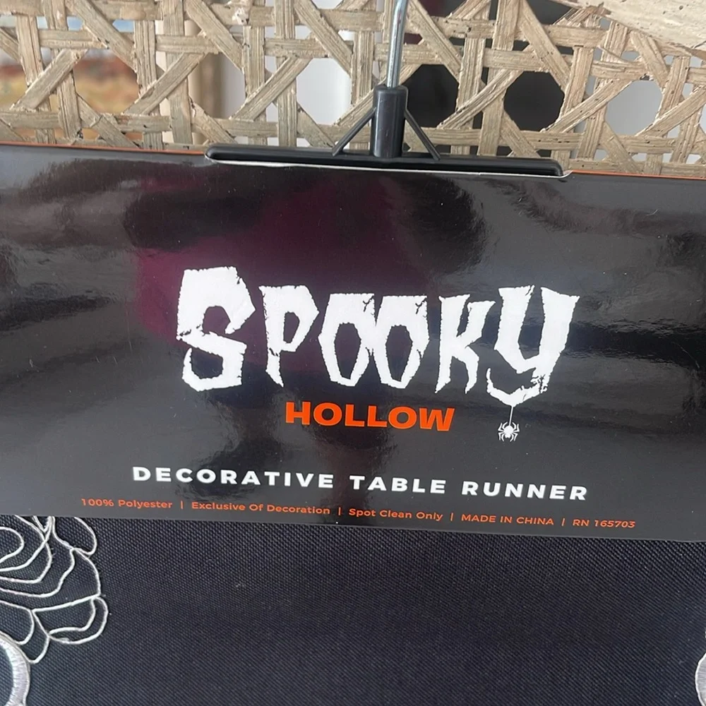 Spooky Hollow Halloween Black Silver Detailed Skull & Roses Table Runner